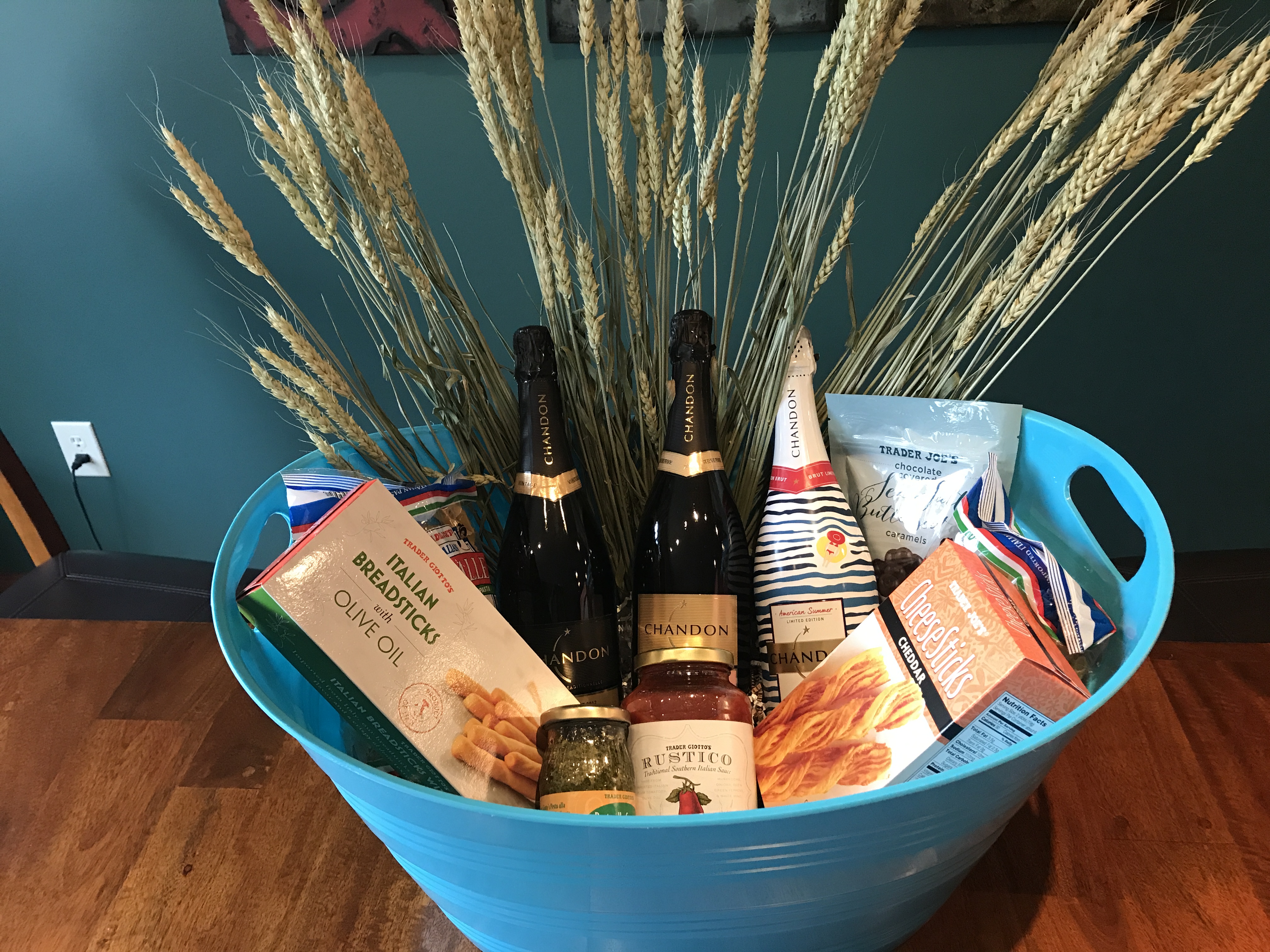 Gift basket of wine and food items